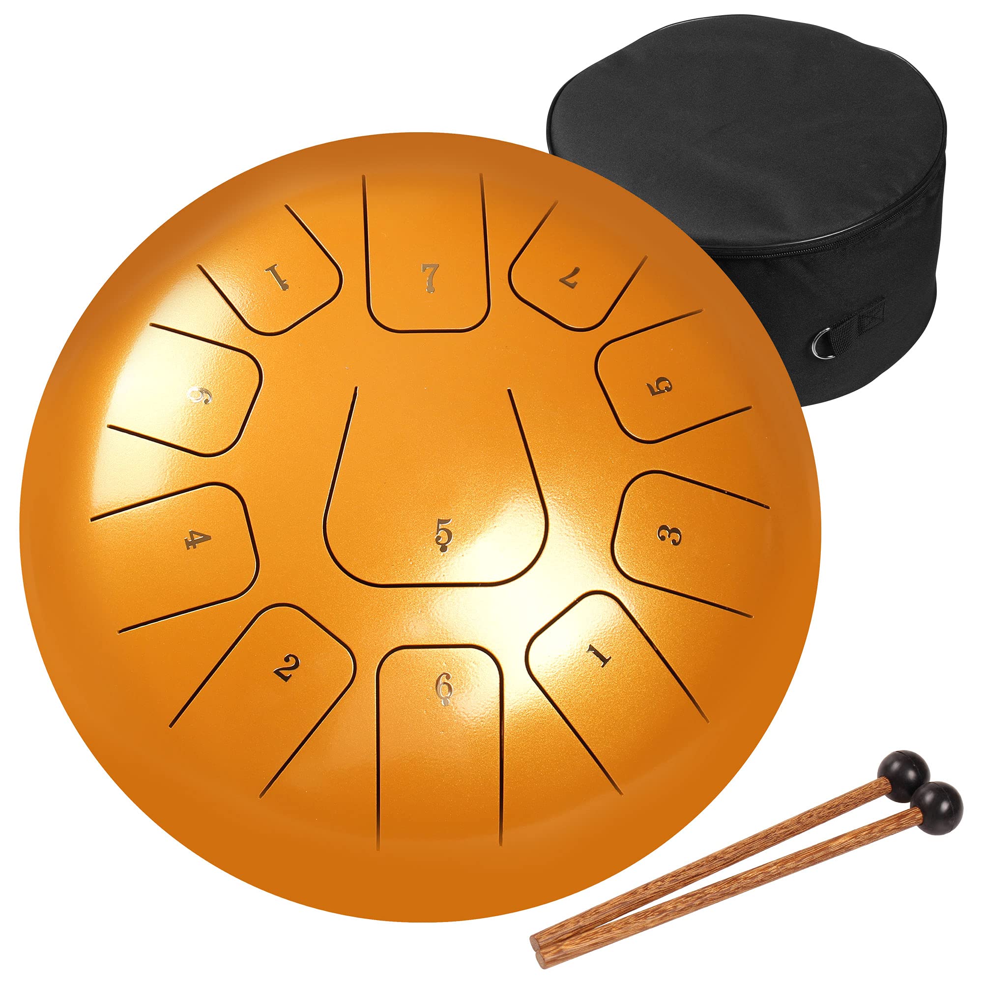 Amkoskr Steel Tongue Drum, 12 Inch 11 Notes C Major Handpan, Steel Drums with Carry Bag, Drumsticks, Rain-Drum for Garden for Meditation, Yoga, Musical Education, Gold
