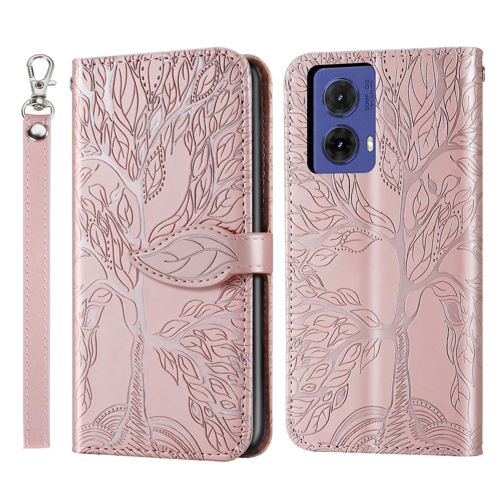 Rostsant Rose Gold Tree PU Leather TPU Silicone Flip Case for Motorola Moto G85 with Stand Function, Card Slot