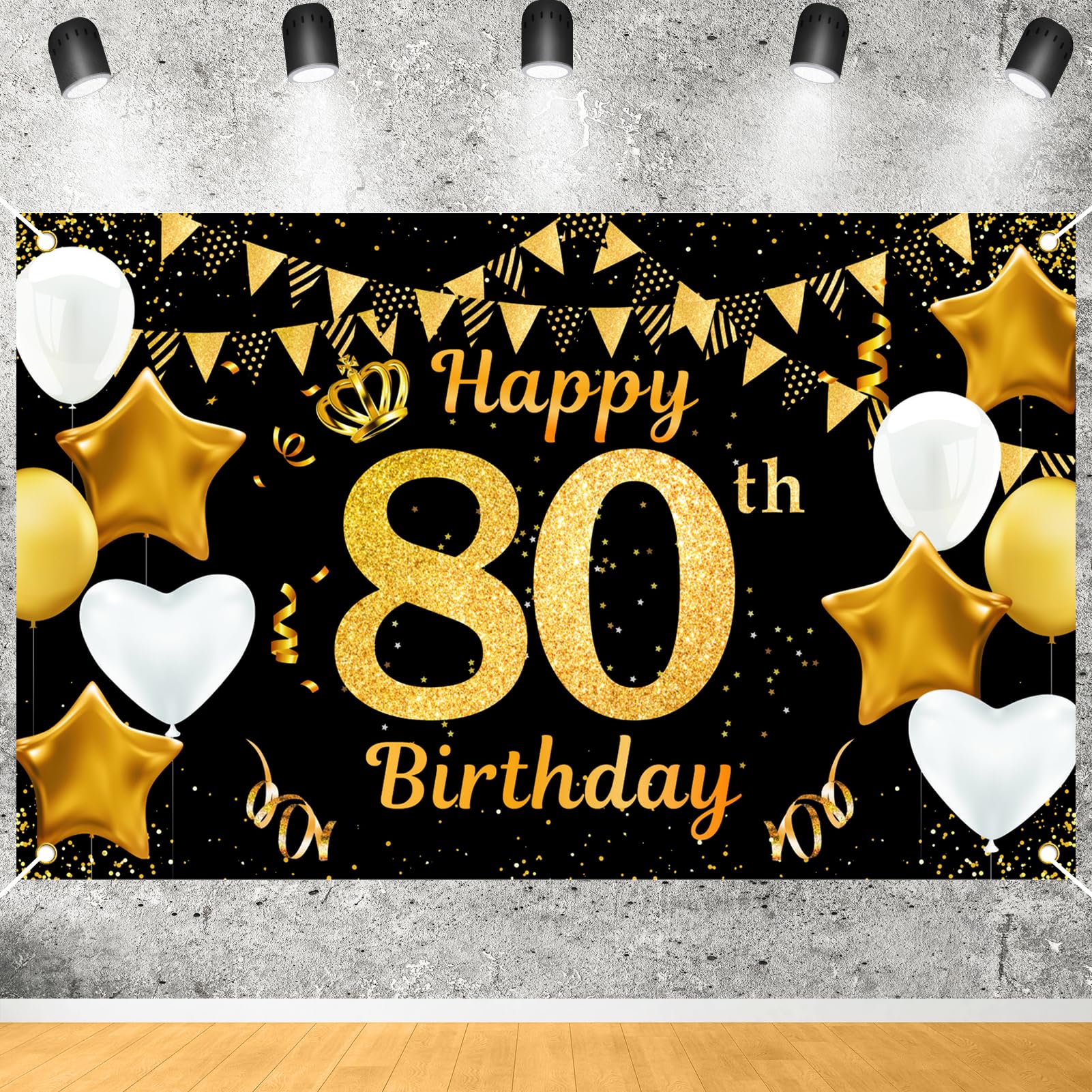 Qpout 80th Birthday Backdrop Extra Large Background Decoration Banner, Black and Gold Happy 80th Birthday Backdrop for Men Women, Cheers To 80 Years Old Party Favour Supplies, 71 x 43.3 inch