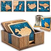 LILKUISYN 4Pcs Drink Coaster Set with Napkin Holder Conversion Base Acacia Wood with Unique Resin Island Design for Kinds of Cups Tabletop Protection and Decor for Coffee Table Ideas for Gifts