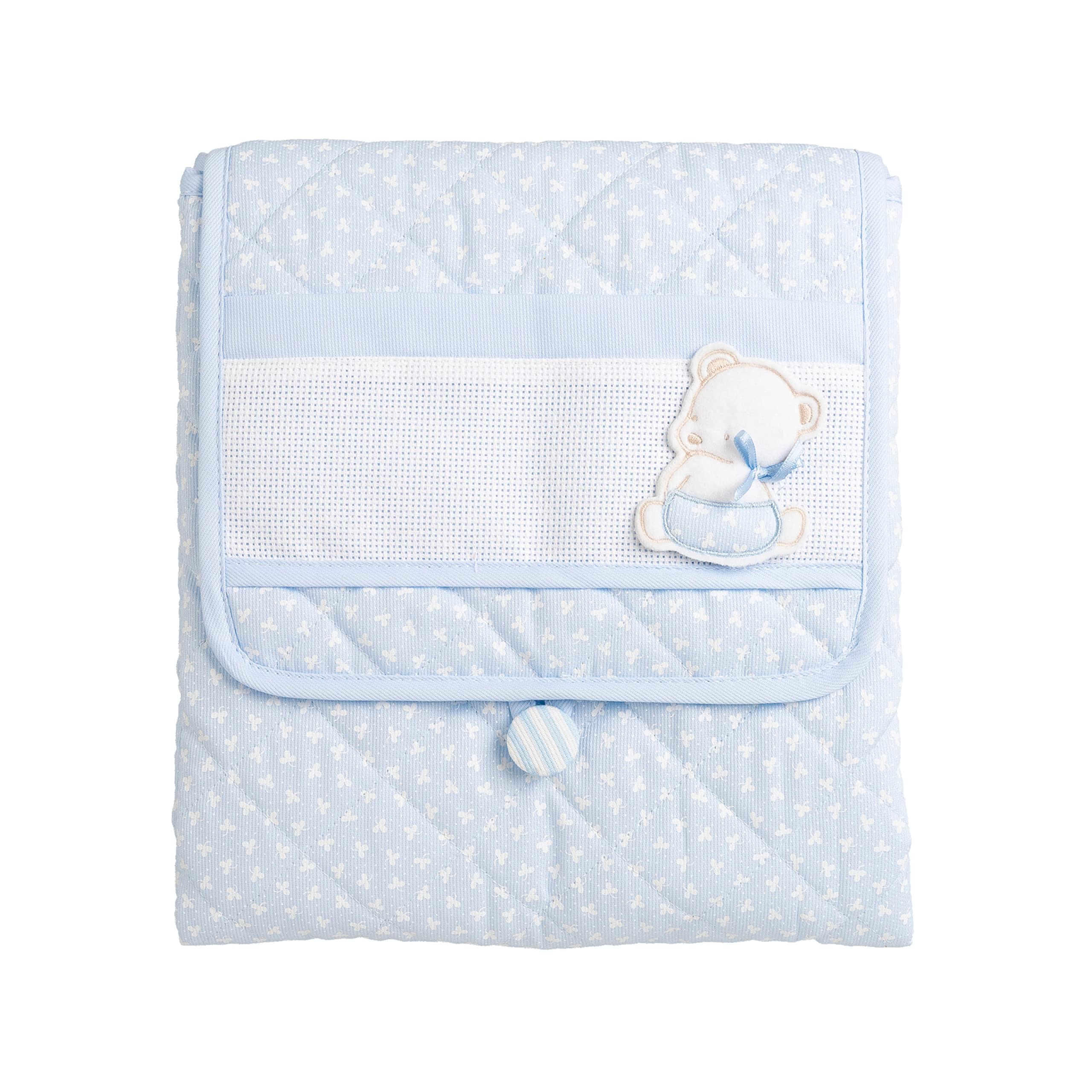 FILET - Travel Changing Mat, Portable Nappy Changing Mat, Made of Padded Cotton, with Aida Pocket for Embroidery, 100% Made in Italy, Clover Blue