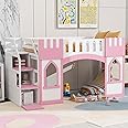 VilroCaz Playhouse Design Twin Size Loft Bed with Storage Staircase and Windows, Solid Wood Loft Bed Frame with Safety Guardrail for Kids Teens Boys Girls, Space-Saving (Pink-3)