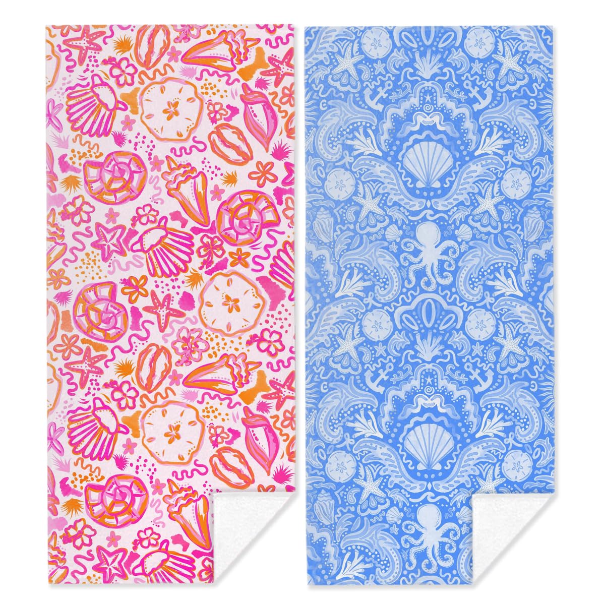 Photo 1 of 2 Pack Preppy Nautical Watercolor Seashells Starfish Boho Beach Towel Lightweight Quick Dry Oversized Swim Towels Beach Accessories Cruise Vacation Necessities for Pool Camping Travel 32x71 inch