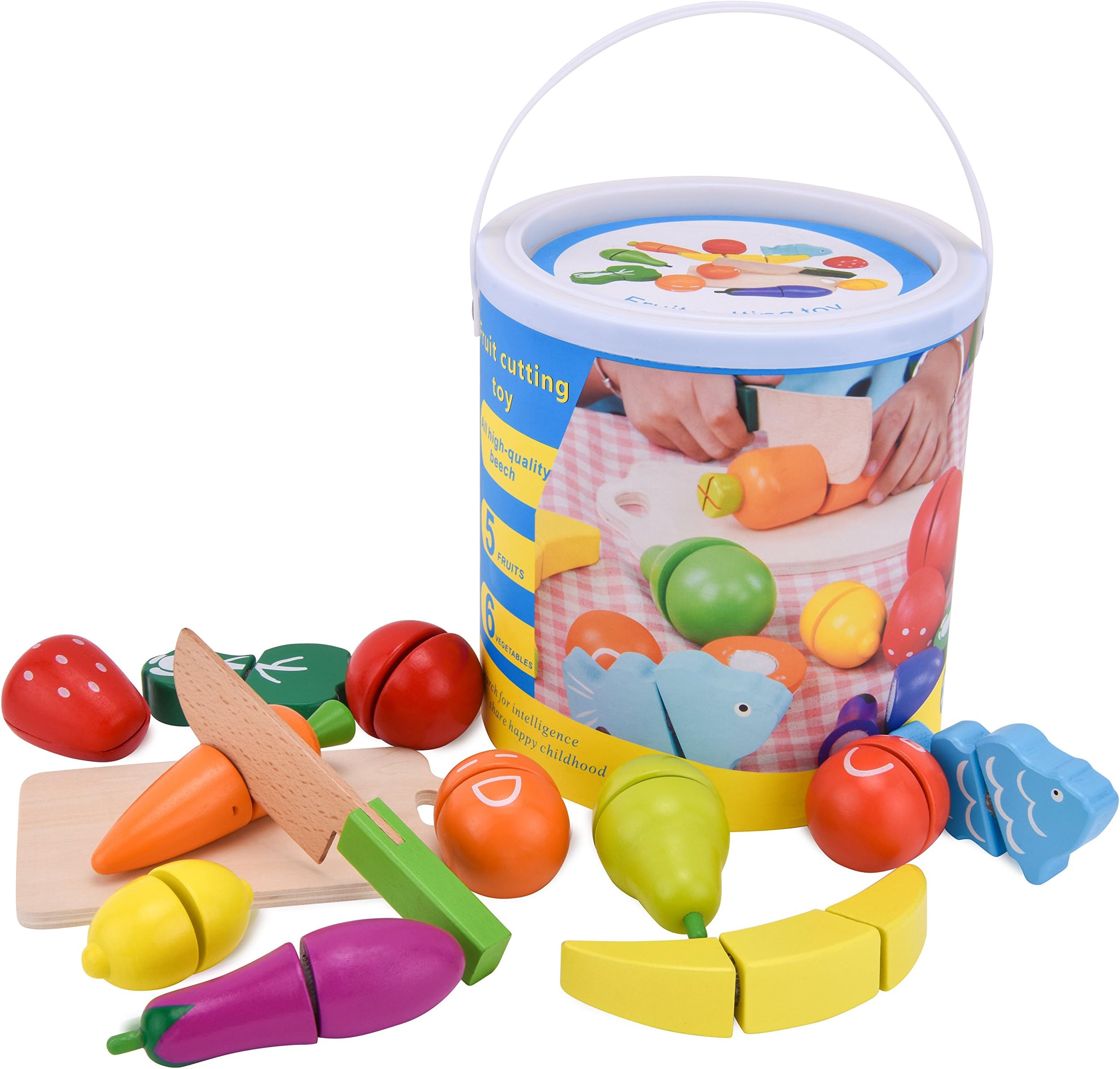 ROOYA BABY Kitchen Toys Wooden Pretend Play Food Set for Kids Cutting Fruits/Vegetables 13 Pieces- Child Development Toys & Kids Pretend Kitchen Playset Toy for Toddlers in a Portable Storage Bucket