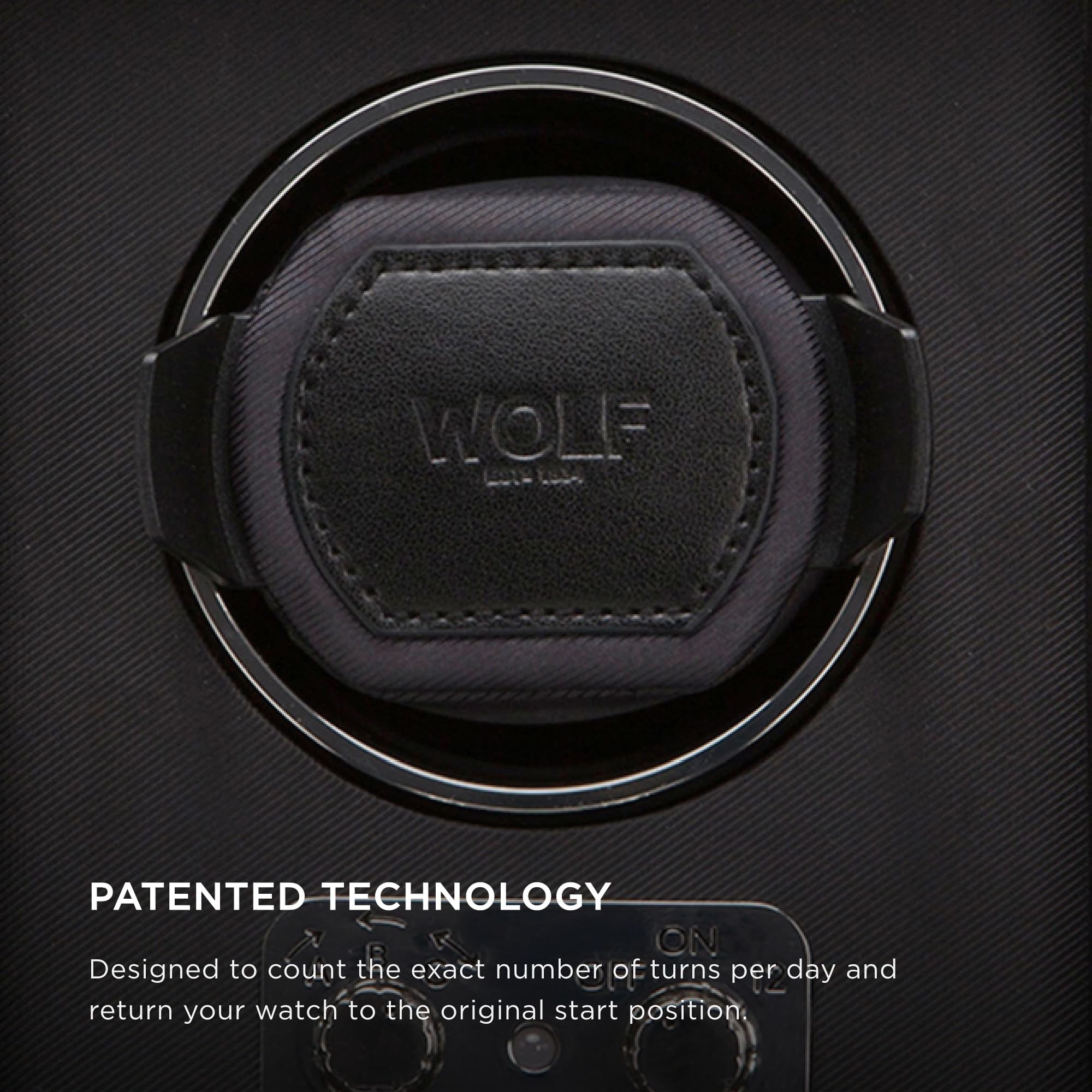 WOLF Heritage Double Winder with Glass Cover, Black - Secure Fit with Patented Dynamic Lock-In Cuff - For Bigger, Heavier Watches - Vegan Leather - Includes Universal Adapter