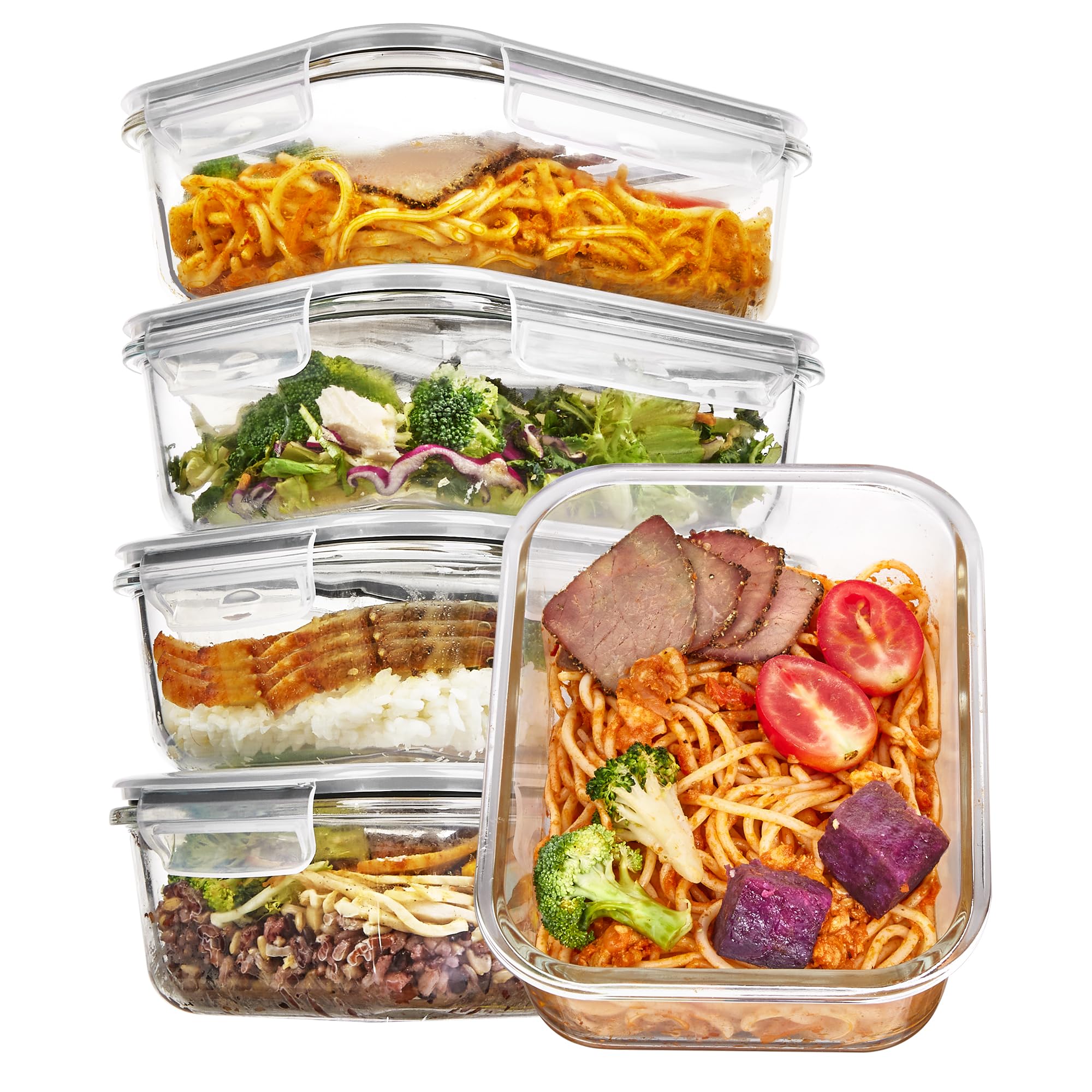 Photo 1 of ***ONLY 2/MISSING 3**Vtopmart 5 Pack 35oz Glass Food Storage Containers with Lids, Meal Prep Containers, Airtight Reusable Lunch Container Set, Safe for Oven, Microwave, Freezer, and Dishwasher