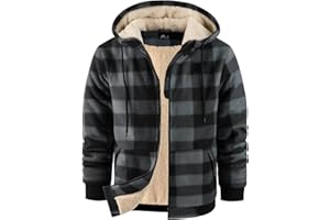 WENTTUO Mens Plaid Hoodies Winter Zip Up Fleece Jacket Sherpa Fleece Lined Warm Flannel Jacket Coat