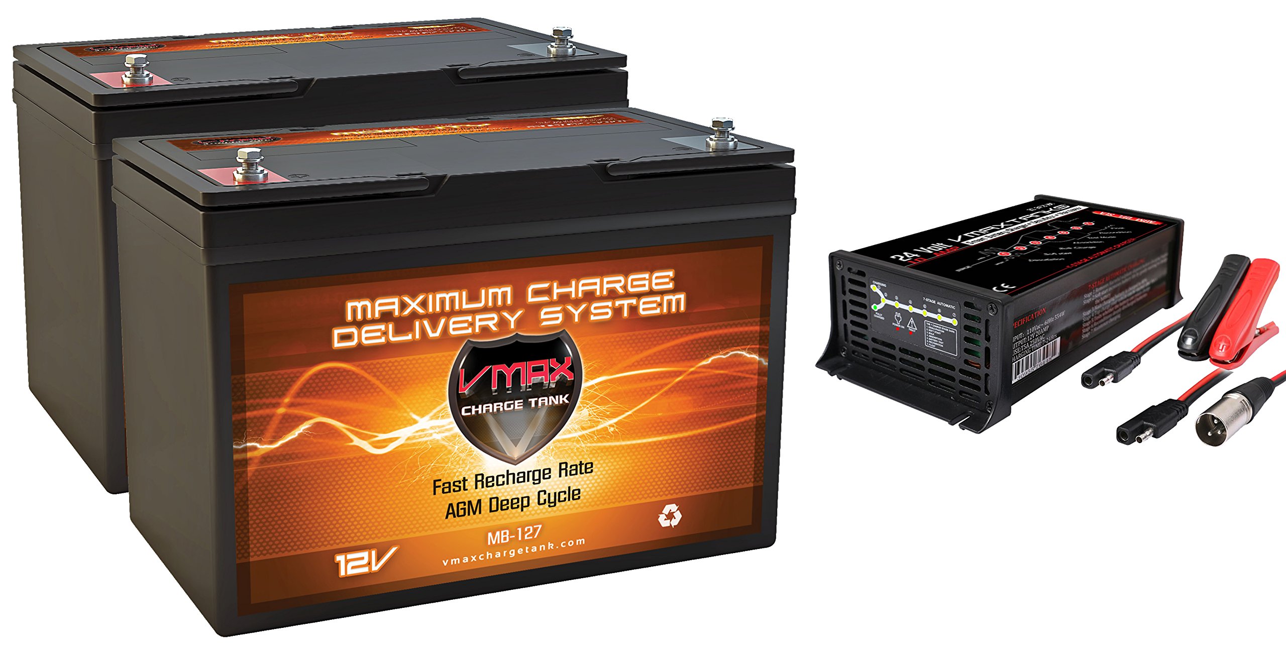 2 MB127-100 Mobility Battery 12V 100ah AGM Deep Cycle + 24V 10A Charger Compatible with XM Male Conn