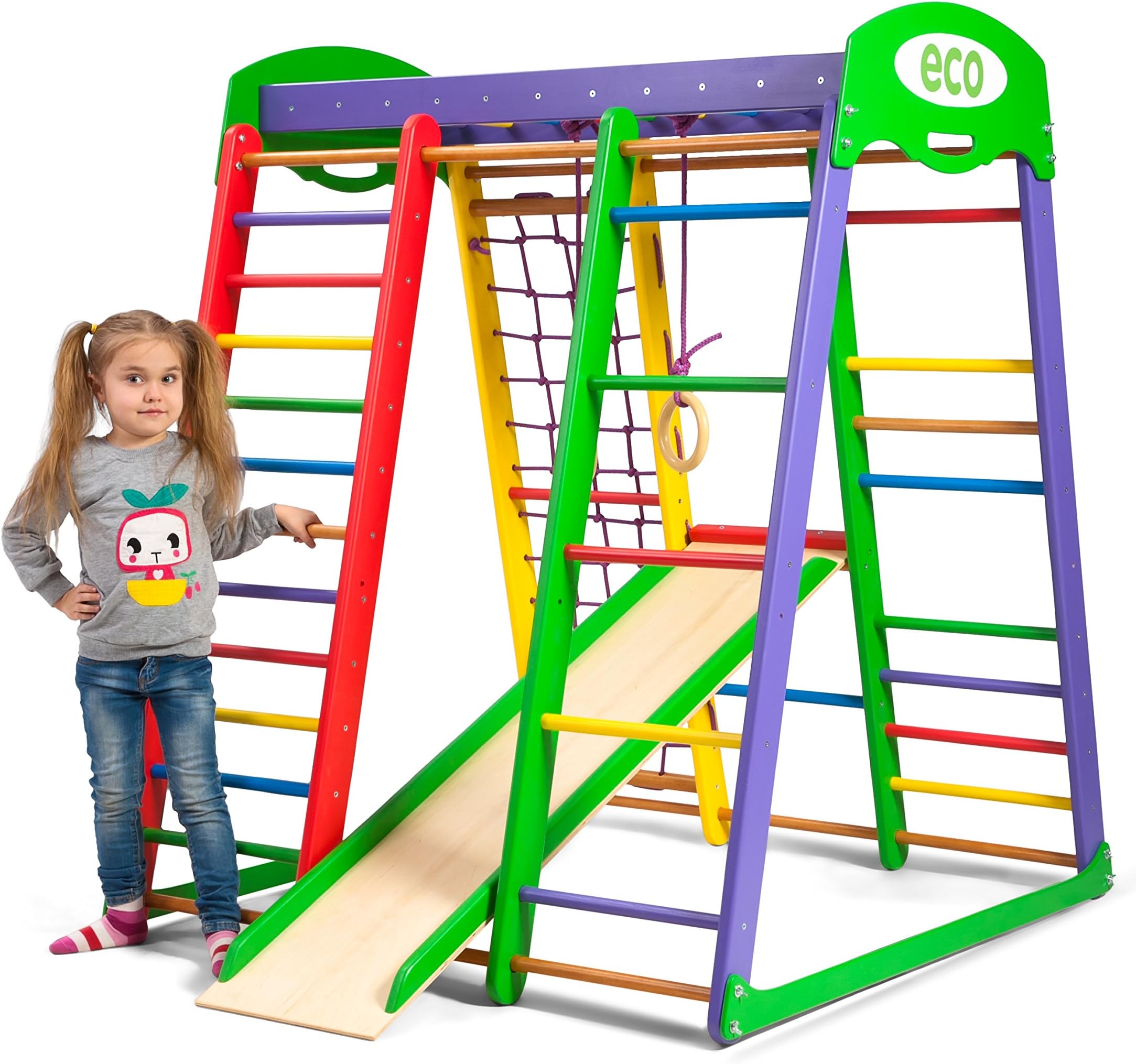 Kids Home Wooden Playground with Toboggan ˝Akvarelka˝, Swedish Ladder, Children, Baby, Climning net, Rings