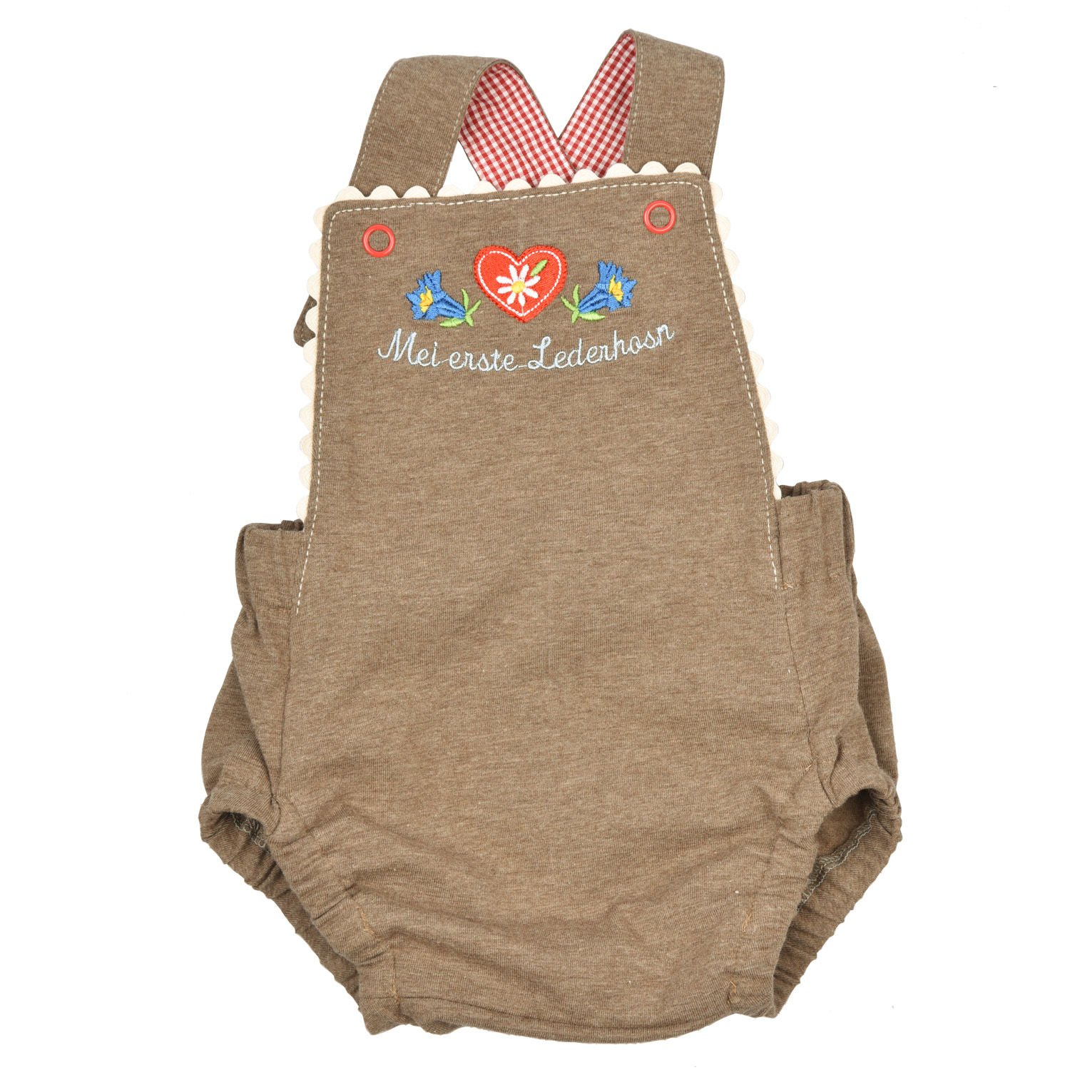 Bavarian Style, Baby Playsuit in Lederhosen Style – MEI ERSTE LEDERHOSN (“My First Lederhosen”) – a Great Present in Size 74/80 Brown