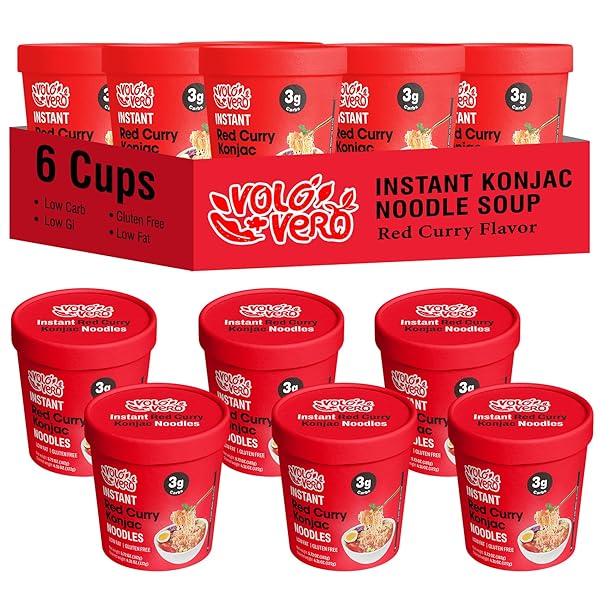 VOLO VERO KONJAC NOODLES INSTANT SOUP CUP SPICY RED CURRY, 6 PACKS, GLUTEN FREE, KETO, LOW CARB, LOW CALORIE, LOW SUGAR, LOW GI, SHIRATAKI NOODLE ANGEL HAIR PASTA, HEALTHY DIET FOOD HOLIDAY GIFTS
