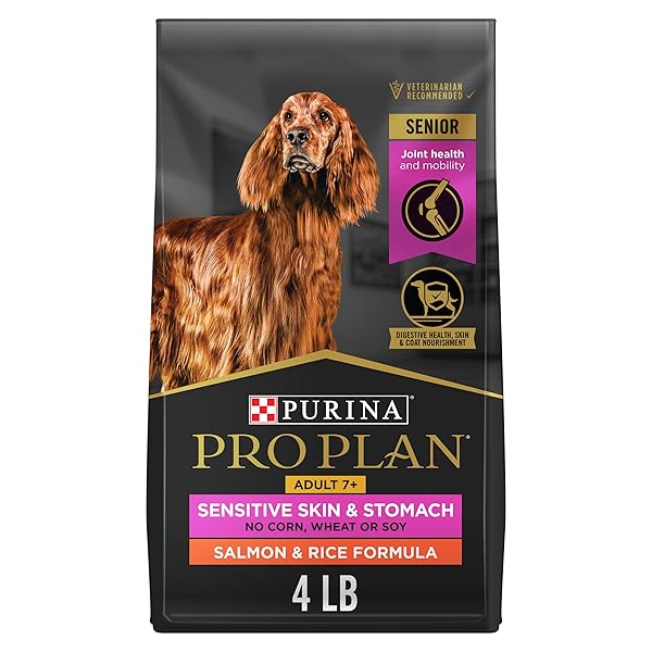 PURINA PRO PLAN SENSITIVE SKIN AND STOMACH DRY DOG FOOD SENIOR ADULT 7 PLUS SALMON AND RICE FORMULA – 4 LB. BAG