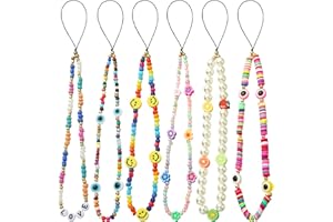 Taouzi 6PCS Beaded Phone Lanyard Wrist Strap Face Beaded Phone Charm Fruit Star Pearl Rainbow Color Beaded Phone Chain Strap for Women