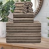 8 Pcs Polyester Brown Cabana Stripe Large Bath Towel Set-2 Bathroom Towels,2 Hand Towels,4 Washcloths Lightweight 600GMS Bath Sheet Absorbent Shower Towel Quick Dry Beach Chair Spa Gym Hotel Towels