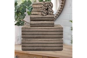 OLIVEN 8 Pcs Polyester Brown Cabana Stripe Large Bath Towel Set-2 Bathroom Towels,2 Hand Towels,4 Washcloths Lightweight 600GMS Bath Sheet Absorbent Shower Towel Quick Dry Beach Chair Spa Gym Hotel Towels