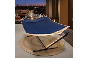 SUNCREAT Double Outdoor Hammock with 12 ft Stand, Solar Powered Lights, Portable 2 Person Hammock with Stand, Dark Blue