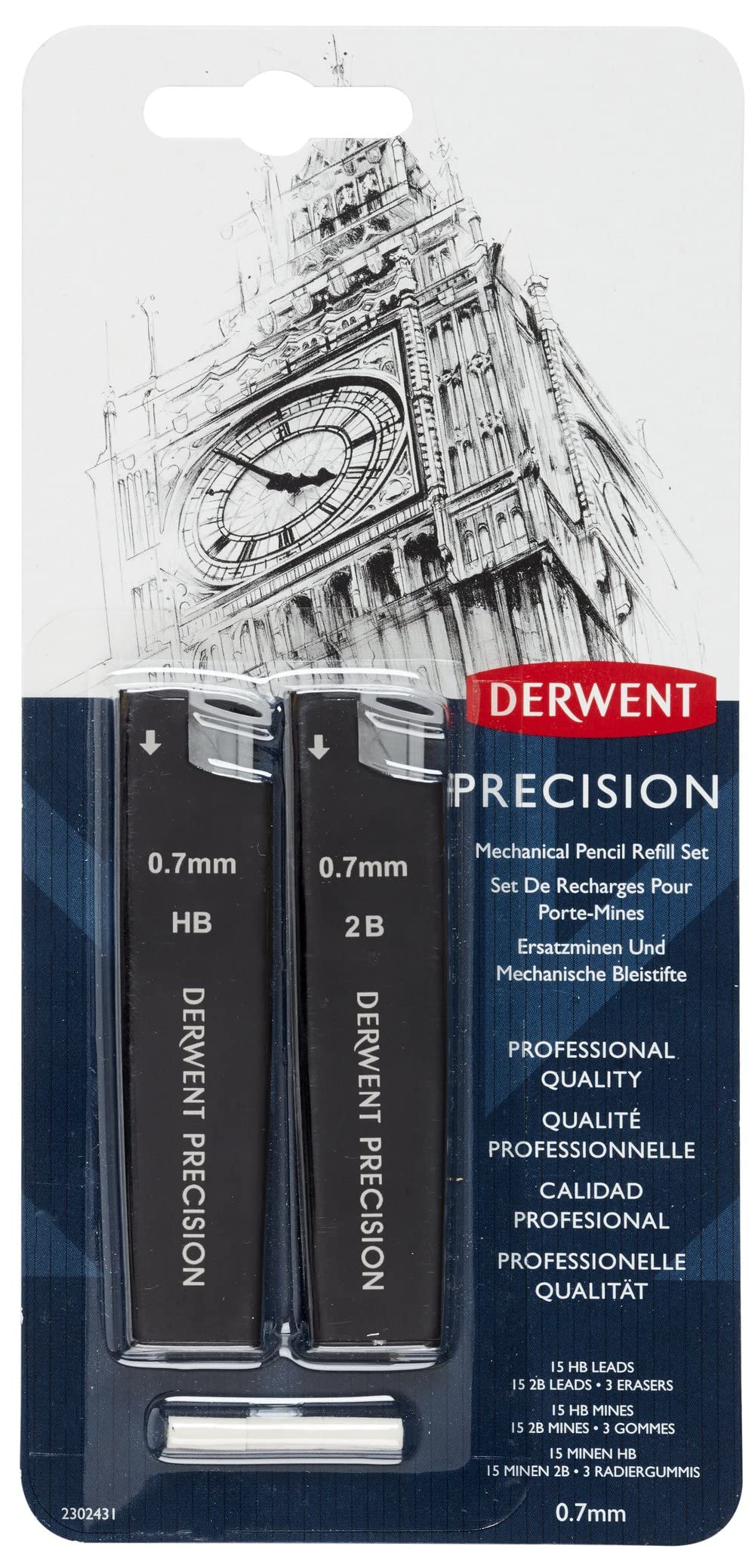 Derwent 0.7 mm Precision Mechanical Pencil Refill Set, HB/2B Leads and Erasers, Professional Quality, 2302432, Black
