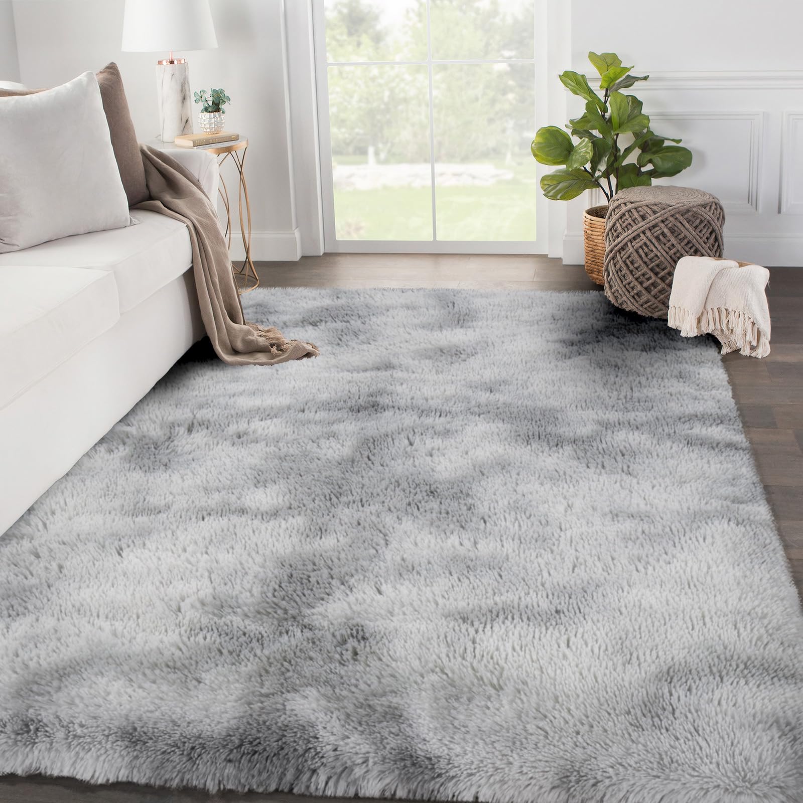 SOANNY Living Room Area Rug, Light Grey Small Soft Fluffy Tie-Dyed Shag Carpet, Non-Slip Washable Rug for Bedroom, Dorm, Lounge, 90x150 cm — image 1