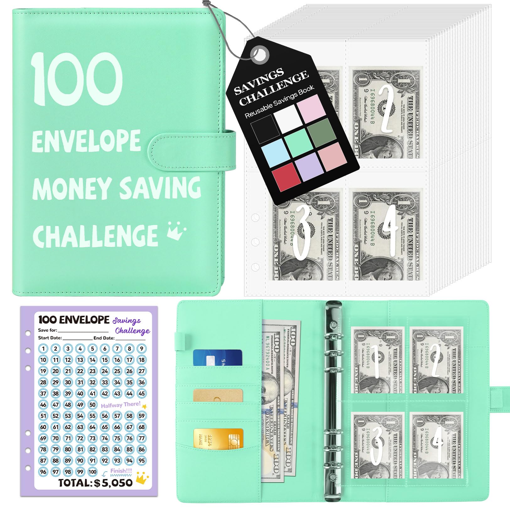 Photo 1 of 100 Envelopes Money Saving Challenge Binder, A5 Savings Challenges Book with Envelopes & Reusable Tracker, Savings Binder - Save $5050 in Fun & Motivating Way, A5