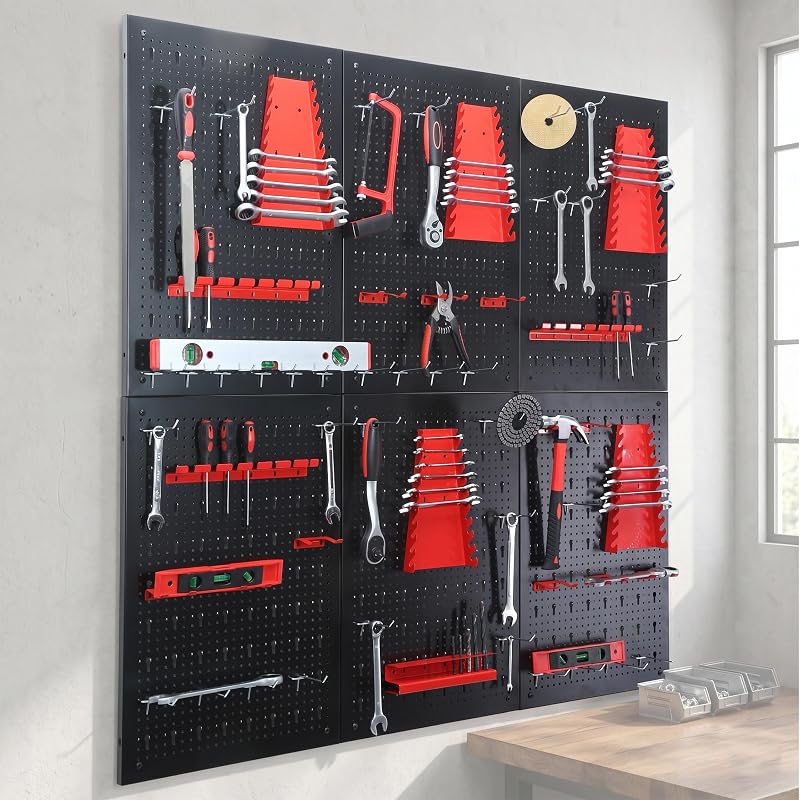Panel para Herramientas, 6 Paneles Perforados, Negro/Rojo