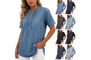 wadyob Denim Shirts for Women Summer Short Sleeve Blouse Button Up Henley Shirt Baggy Casual Flowy Jean Tunic Tops