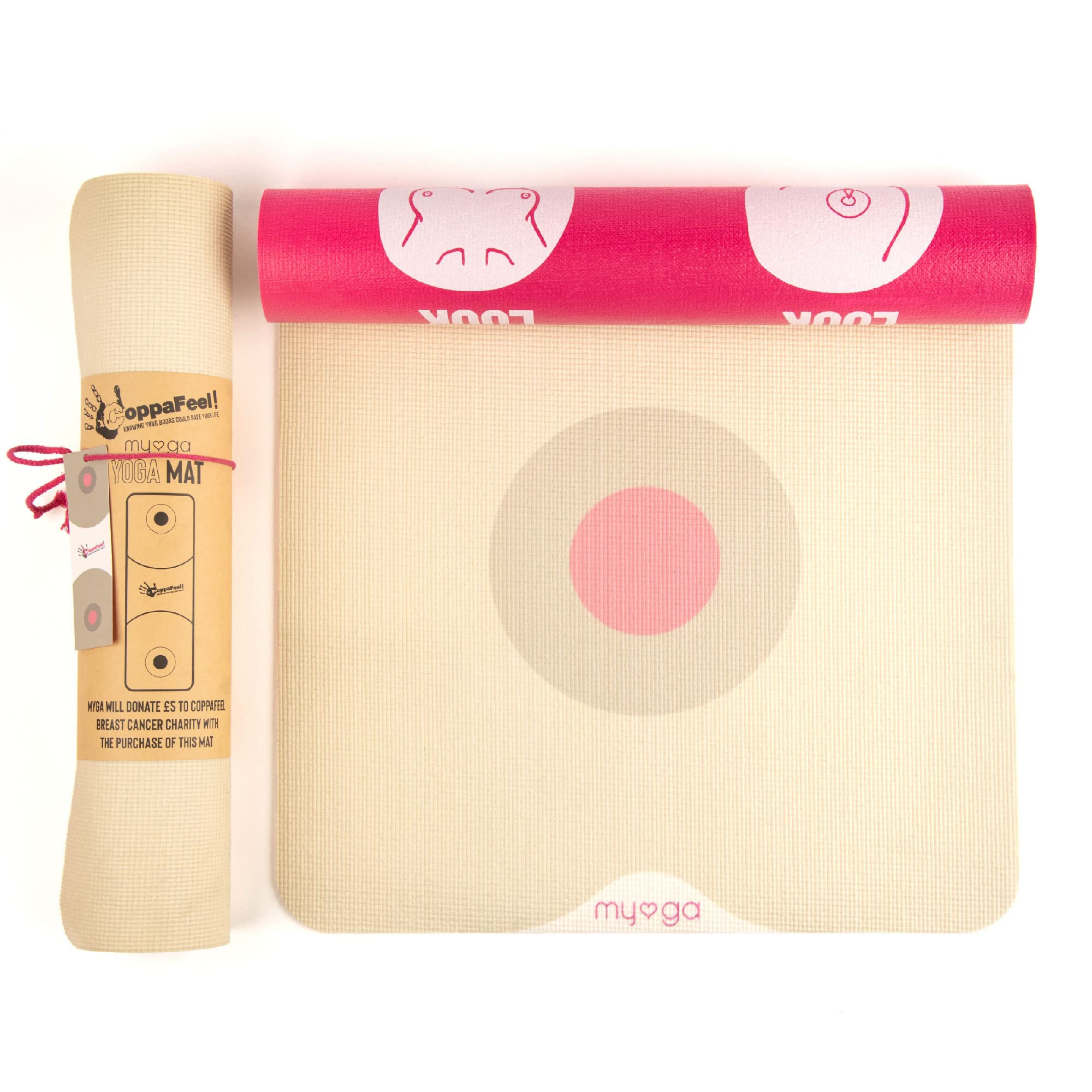 Myga Yoga Mat - CoppaFeel! Exercise Mat for Yoga, Pilates, Gymnastics & Fitness - Non-Slip Multipurpose Mat for Breast Cancer Charity with Carry Strap - 183cm x 61cm x 6mm - Just Breasts