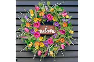 Pinkpuii Spring Wreaths for Front Door Outside,24 Inch Summer Tulip Floral Wreath,Indoor Outdoor Green Eucalyptus Welcome Wreath with Colorful Wildflowers –Vibrant, Lifelike Wall Porch Door Decor