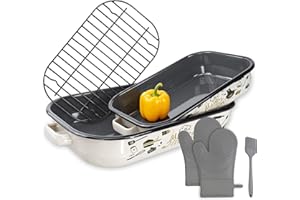 MCCSI Roasting Pan Set with Handle & Rack, 14&17 Inches Enamel 6-Piece Bakeware Set (2 Baking Pans, 1 Rack, 2 Oven Mitts & Ba