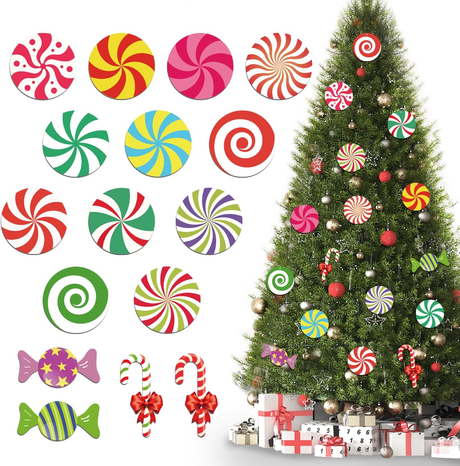 Tree Stands - Christmas Decorations Candy Tree Ornaments - 16 PCS Double Sided Pre-Installed Christmas Hanging Decorations, Christmas Party Decorations Candy Cane Decor
