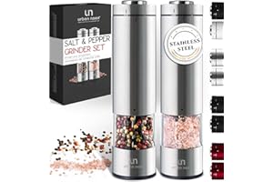 URBAN NOON Electric Salt and Pepper Grinder Set - Battery Operated Stainless Steel Mill with Light (2 Mills) - Automatic One Handed Operation - Electronic Adjustable Shakers - Ceramic Grinders
