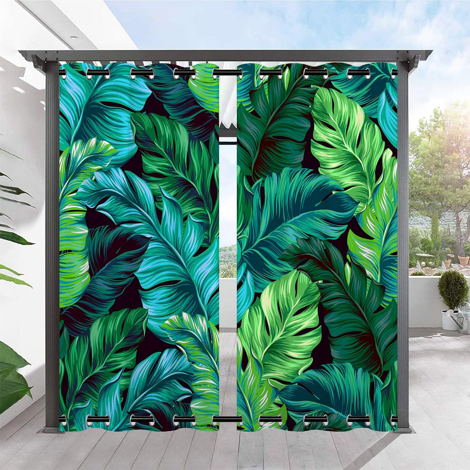 Outdoor Curtains - ANHOPE Outdoor Curtains Waterproof Grommet Top & Bottom Windproof Outside Curtains with Turquoise Tropical Palm Leaf Print Pattern Privacy Curtains for Patio Gazebo Pergola 2 Panels 36 x 84 Inch