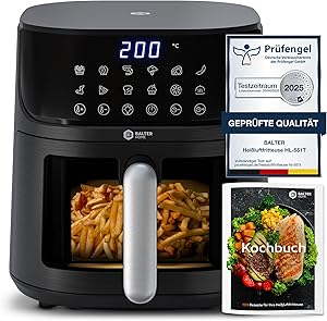 Balter Heißluftfritteuse Airfryer, 5,5 L, Friteuse Heissluftfritteuse XXL mit Sichtfenster, 12 Programme, all-in-1 Air Fryer, inkl. 100 Rezepte, HL-551T