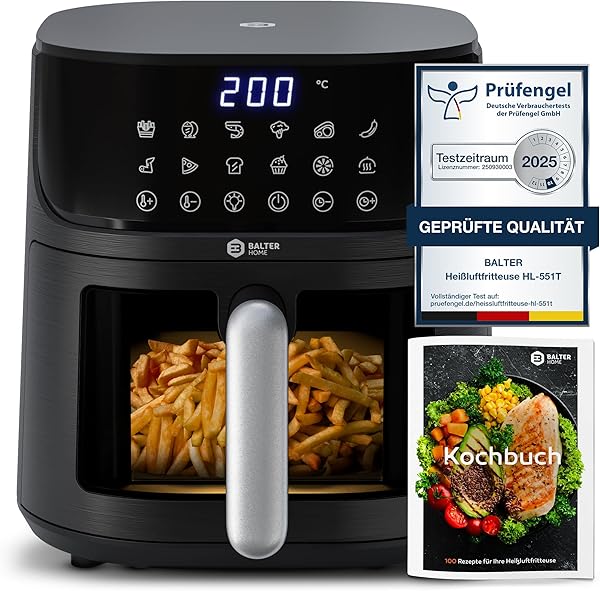 Balter Heißluftfritteuse Airfryer, 5,5 L, Friteuse Heissluftfritteuse XXL mit Sichtfenster, 12 Programme, all-in-1 Air Fryer, inkl. 100 Rezepte, HL-551T