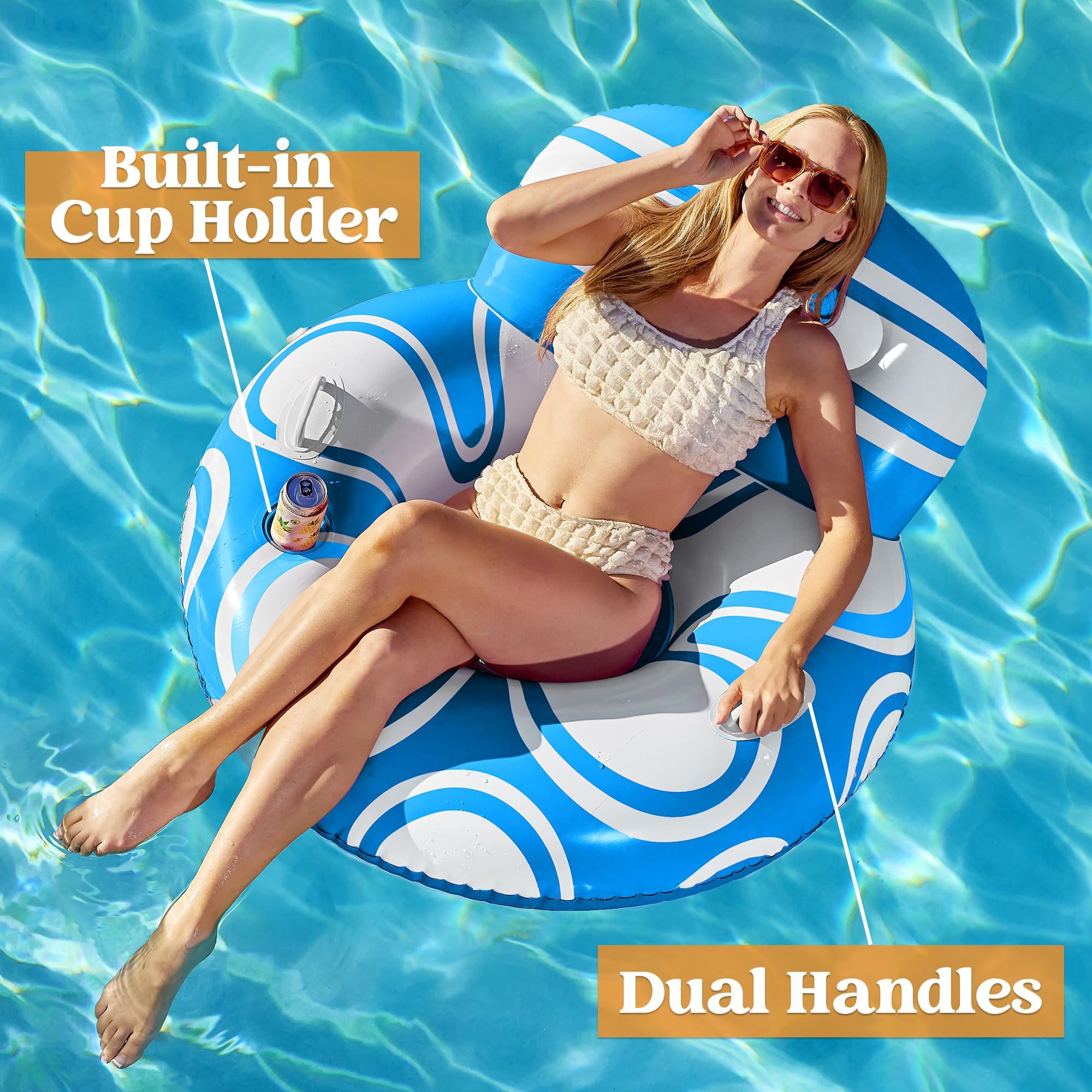 Sloosh Inflatable Pool Floats Lounger - Pool Floaties Blow Up Air Sofa Floating Chair with Big Backrest, Heavy Duty River Tubes Summer Lake Beach Water Float Raft Floaty for Adults (Blue White)