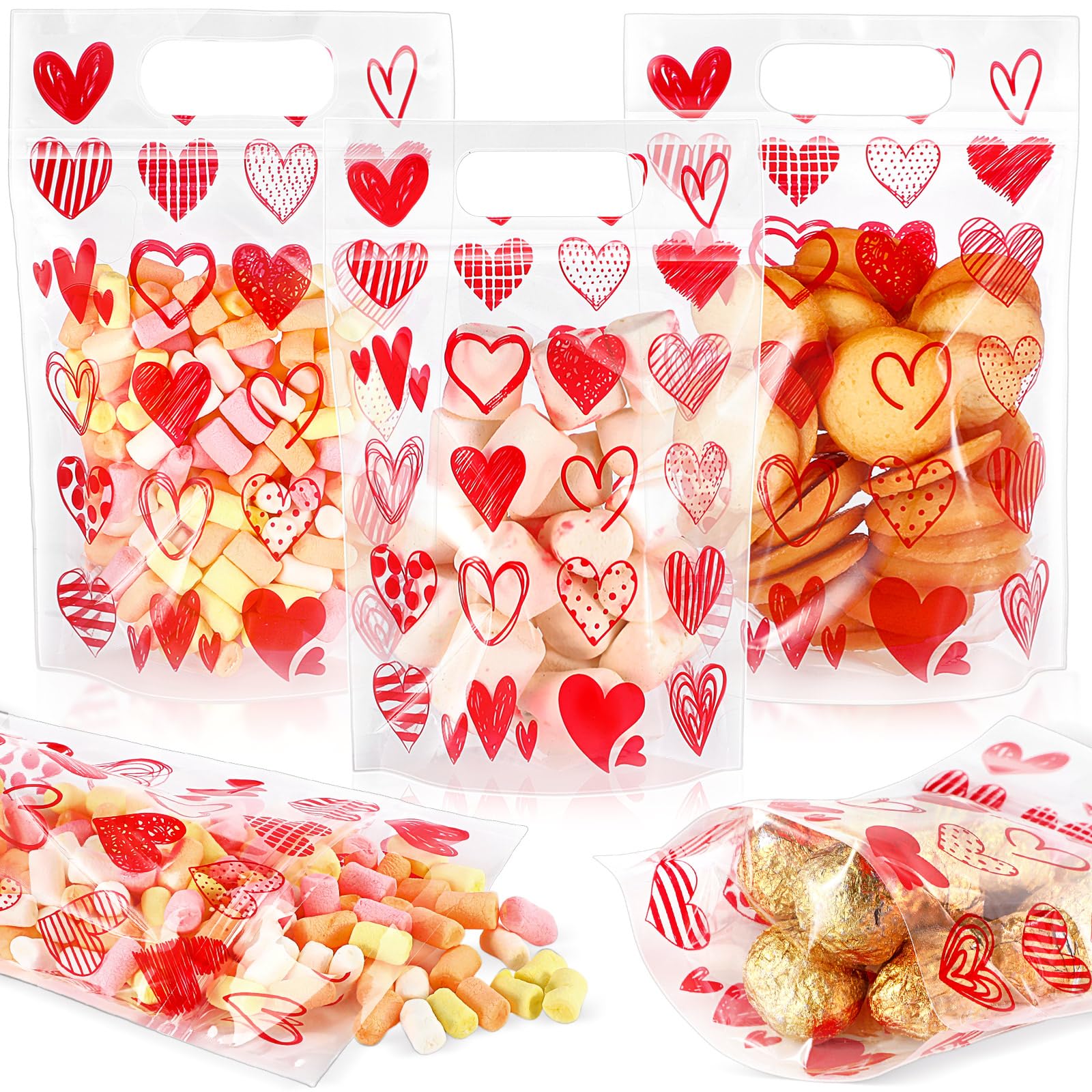 Photo 1 of Blosssound 50 Pcs Valentine's Day Gift Bags Red Valentines Zipper Plastic Bags Reusable Red Heart Pouch with Handles Galentines Day Pouch for Classroom Wedding Birthday Party Favor