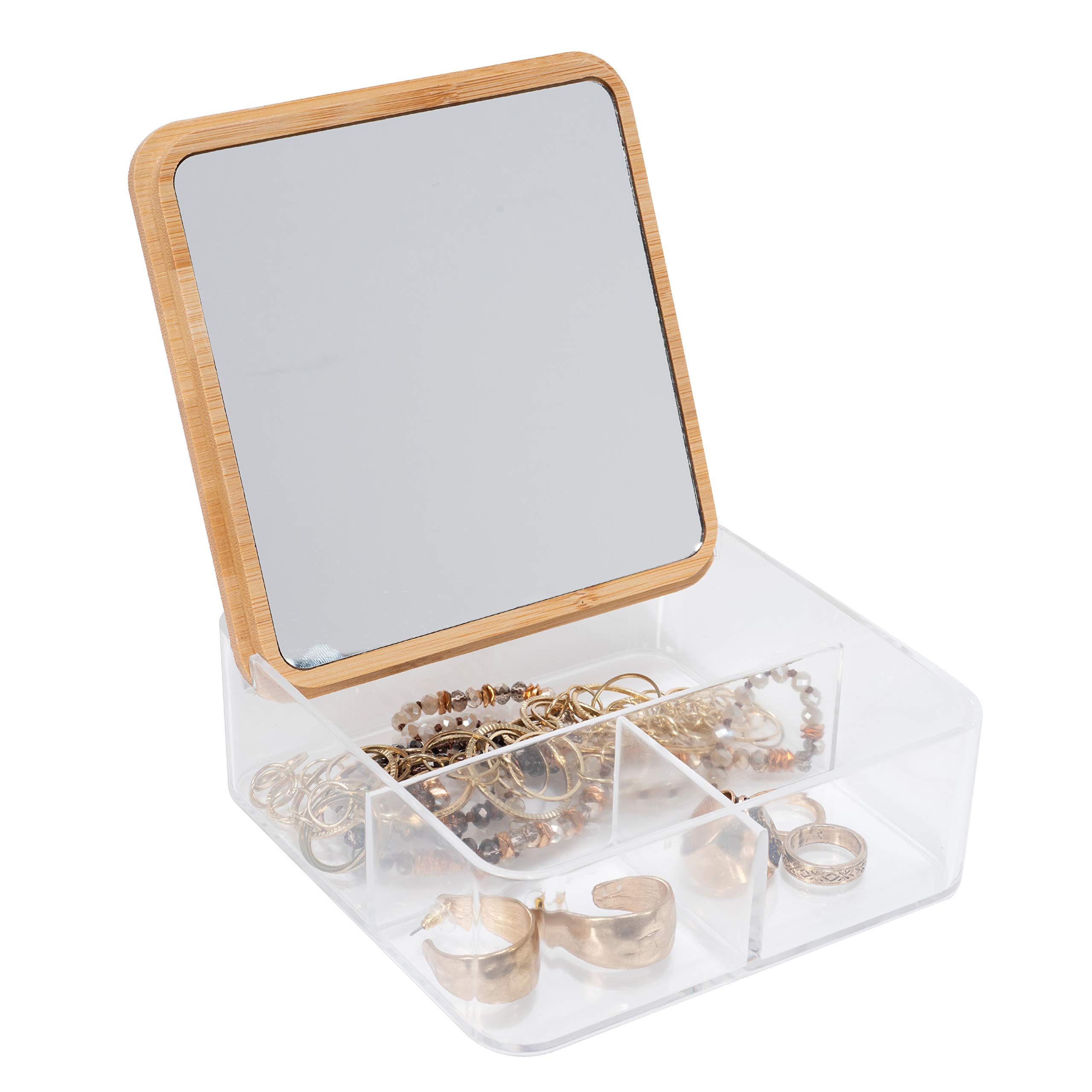 Photo 1 of Simplify 3 Compartment Organizer with Bamboo Lid | Mirror | Perfect for Jewelry | Cosmetics | Accessories | Vanity & Countertop | Keepsake Storage Box | Clear