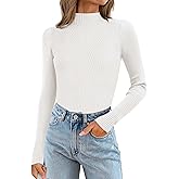 ATHMILE Women's 2026 Fall Long Sleeve Pullover Ribbed Knit Sweater Low Mock Neck Slim Fit Basic Casual Tee Tops