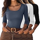 Neer 3 Pack 3/4 Sleeve Tops for Women, Cotton Scoop Neck Ribbed Three Quarter Sleeve Summer Slim T-Shirts Casual Basic Tees