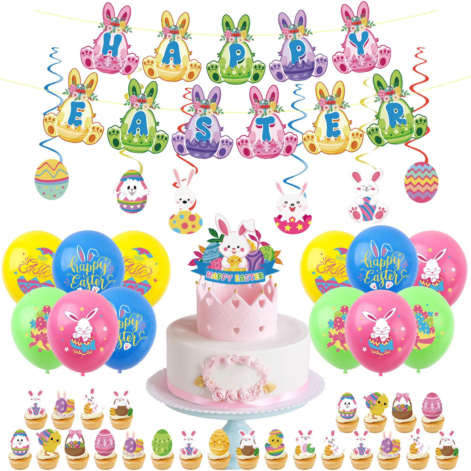 44Pcs Easter Bunny Decorations for Home Easter Day Party Balloons,Rabbit Decor Banner Bunting,Cake Toppers,Cute Bunny Hanging Swirls for Decorations Rabbit Egg Hunt Supplies