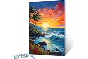 TUMOVO Hawaii Sea Scenery Painting by Numbers for Adult Kids Tropical Seascape at Sunset Paint by Numbers on Canvas Ocean Wave Easy to Paint with Brushes and Acrylic Pigment Room Decor 16x20inch (DIY Framed)