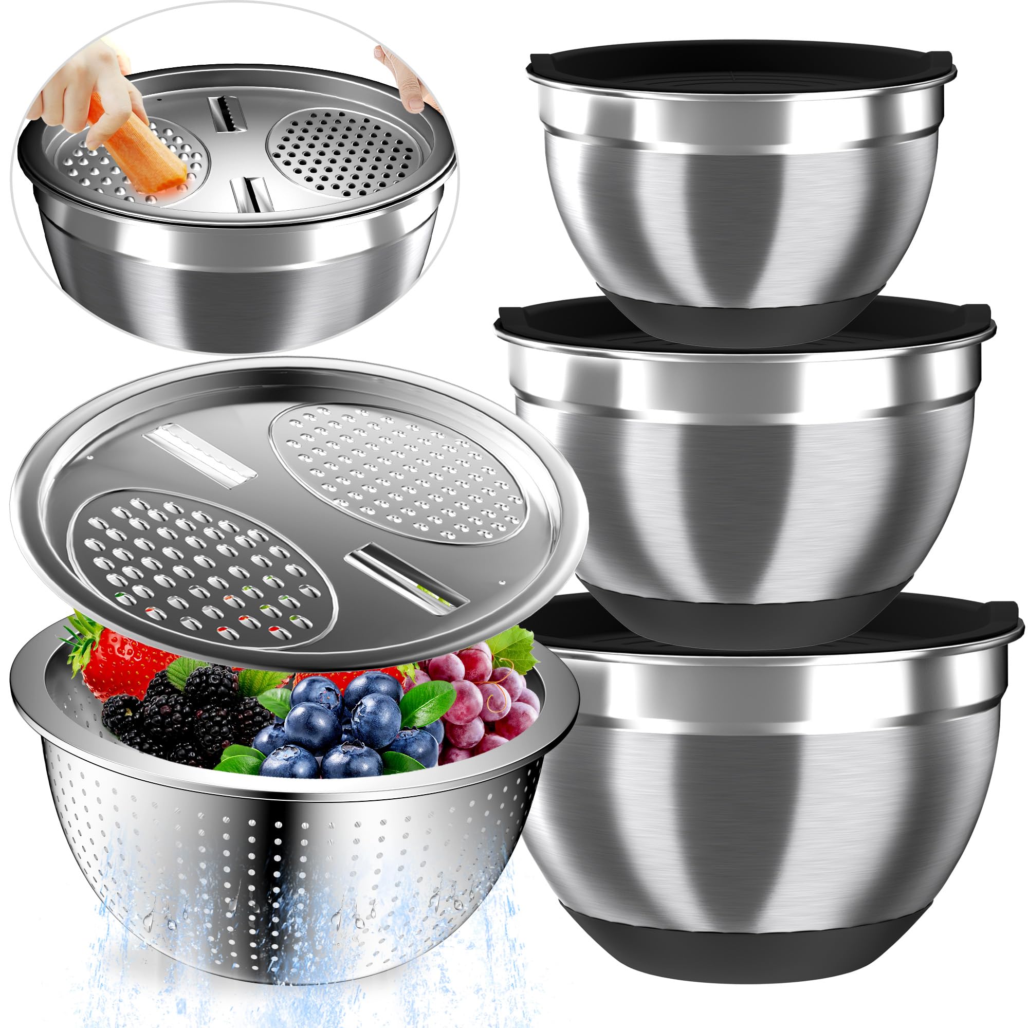 Photo 1 of Mixing Bowls with Airtight Lids, Stainless Steel Mixing Bowl Set with 3 Metal Nesting Bowls, Colander & Grater, Non-Slip Bottoms, Size 1.5, 2.5, 5 QT, Great for Mixing & Serving, Black