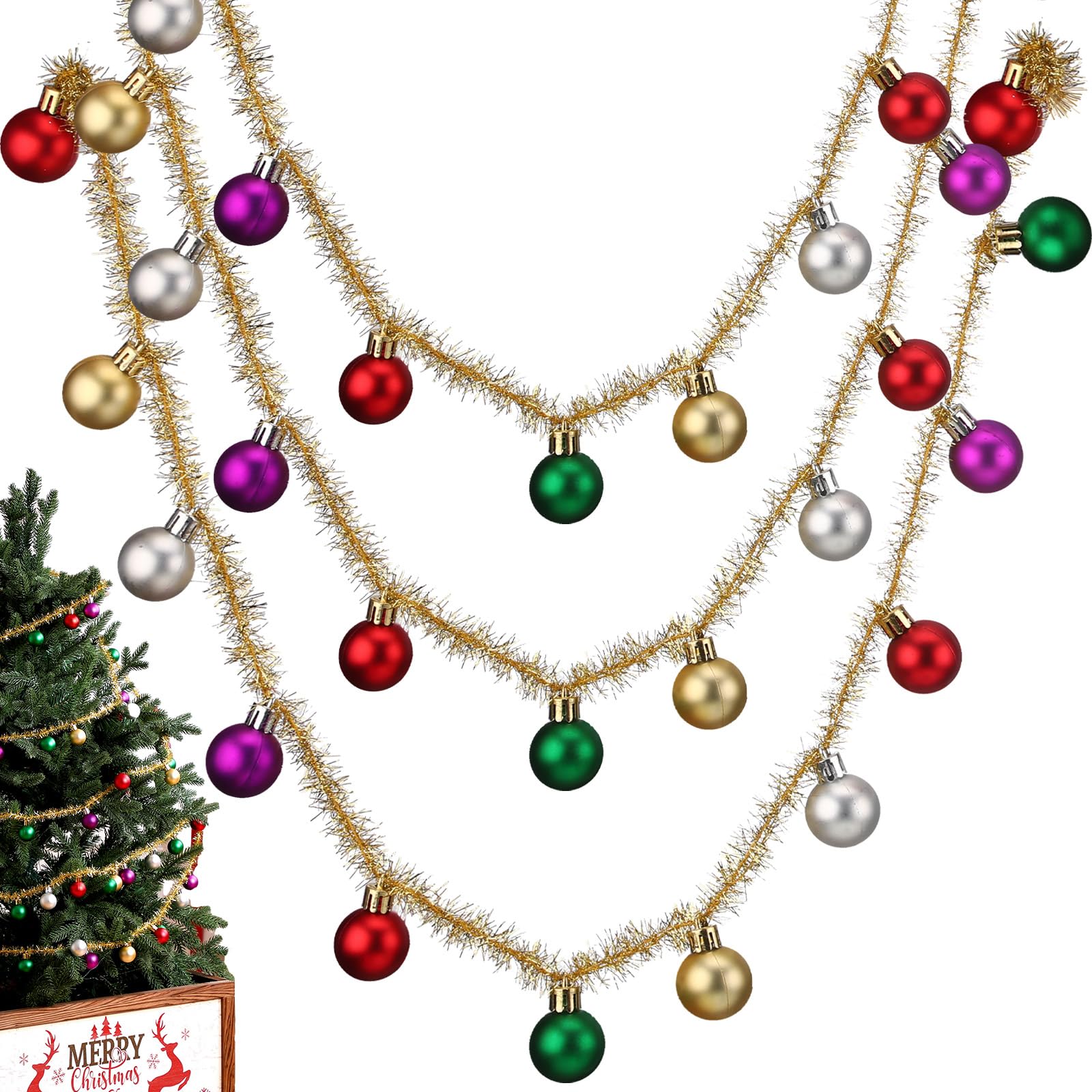 Photo 1 of 16 ft Colorful Christmas Ball Garland - Red, Green, Gold Tinsel Balls for Tree, Fireplace, Indoor/Outdoor Decor