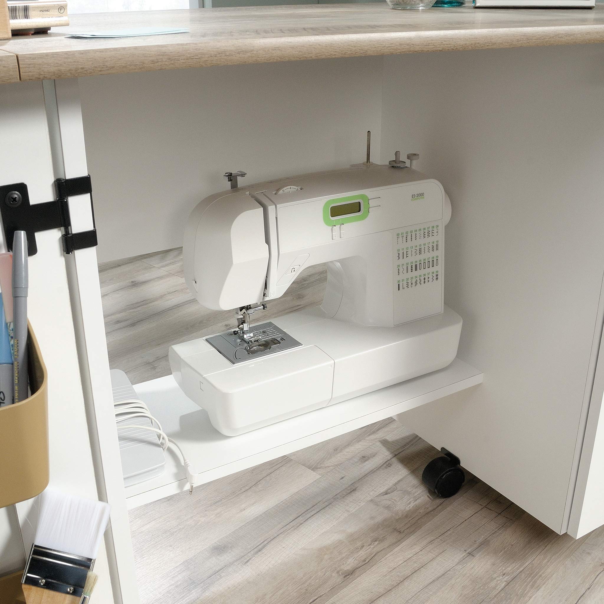 Sauder Miscellaneous Storage Sewing Cart, Drop-Leaf Craft Table, Sewing Table with Storage - Soft White Finish
