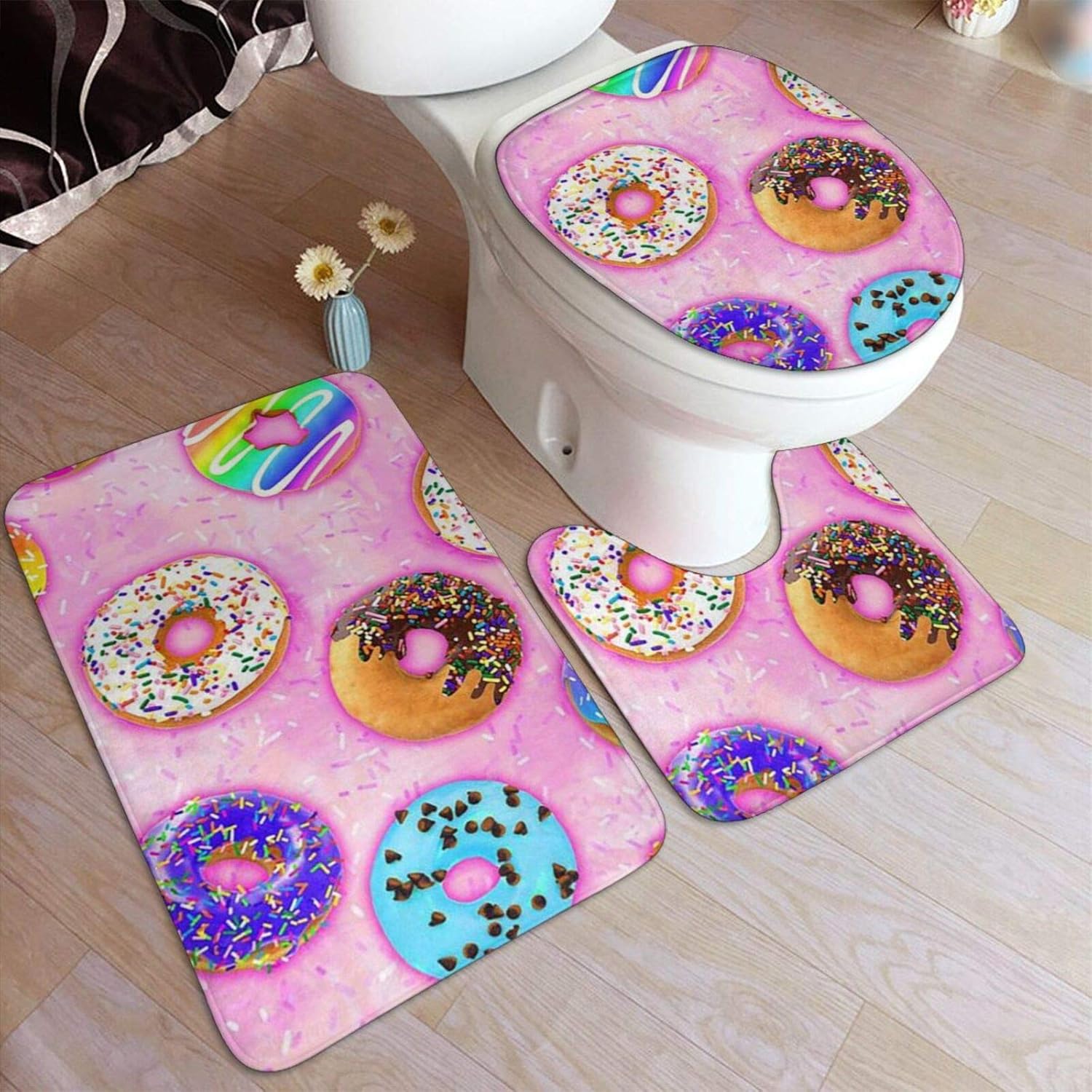 Amazon Com Dpqz Bathroom Rugs Sets 3 Piece Colorful Pink Donnuts Sweet Delicious Dessert Non Slip Shower Bath Mats U Shape Contour Rug Toilet Mat Lid Cover Home Kitchen
