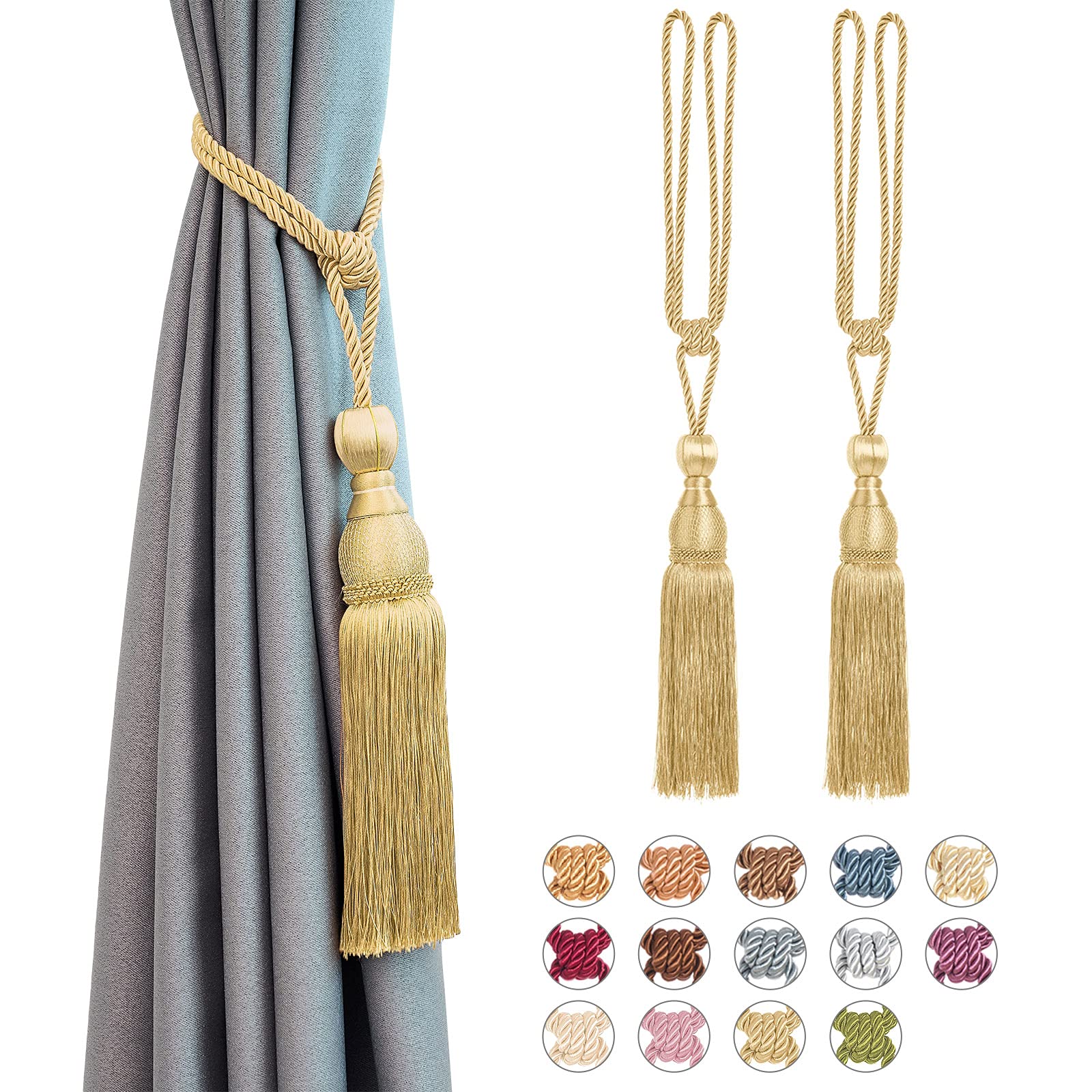 Pretty Jolly 2 Pack Mesh Ball Tassel Curtain Tiebacks European Vintage Style Curtain Holdbacks Handmade Braided Rope Decorative Drape Tie Backs for Home and Office Window Drapery (Light Gold)