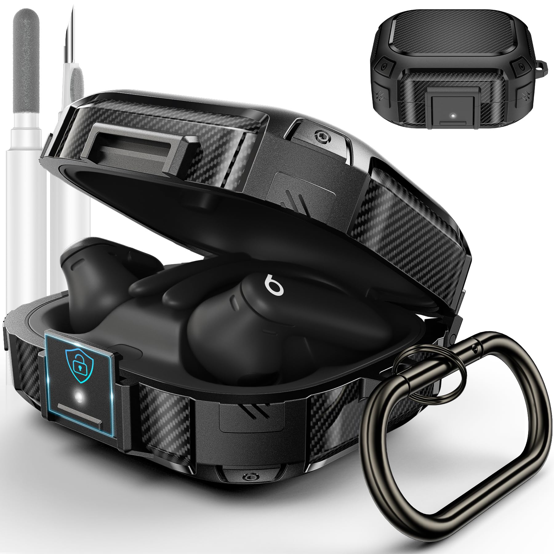 Photo 1 of [Upgrade Secure Lock] for Beats Powerbeats Pro 2 Case Cover, LDSXAY Carbon Fiber Shockproof Protective Cover for Powerbeats Pro 2 2025 with Cleaner Kit & Carabiner (Black)