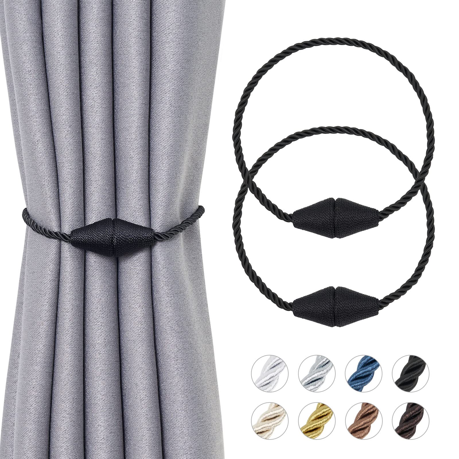 Pretty Jolly 2 Pack Upgrade Magnetic Curtain Tiebacks 16 Inch Handmade Weave Rope Curtain Holdbacks Convenient Decorative Cone Curtain Drape Tie Backs for Home & Office Window Drapery (New Black)