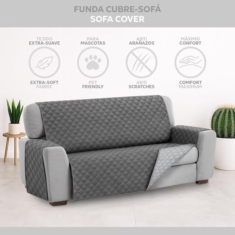 Textilhome Funda Cubre Sofá 3 Plazas MALU, Protector para Mascotas Gris — foto 2 de 8