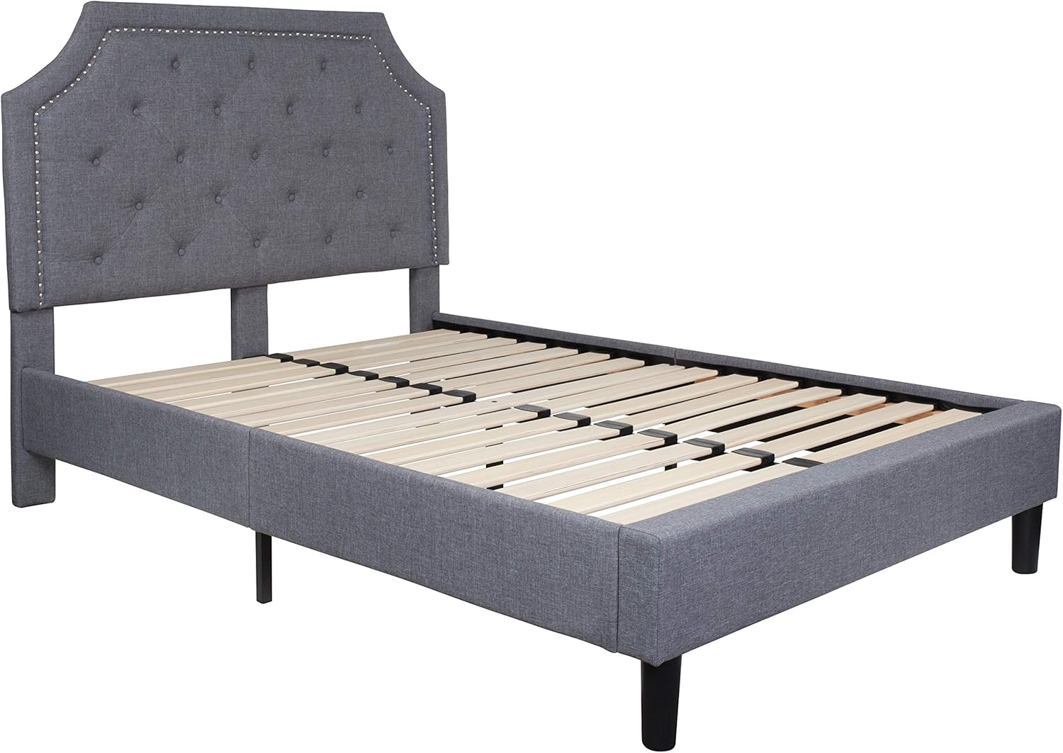 Best Full Size Platform Bed Frame Upholstered Gray Linen Headboard With Wood Slats