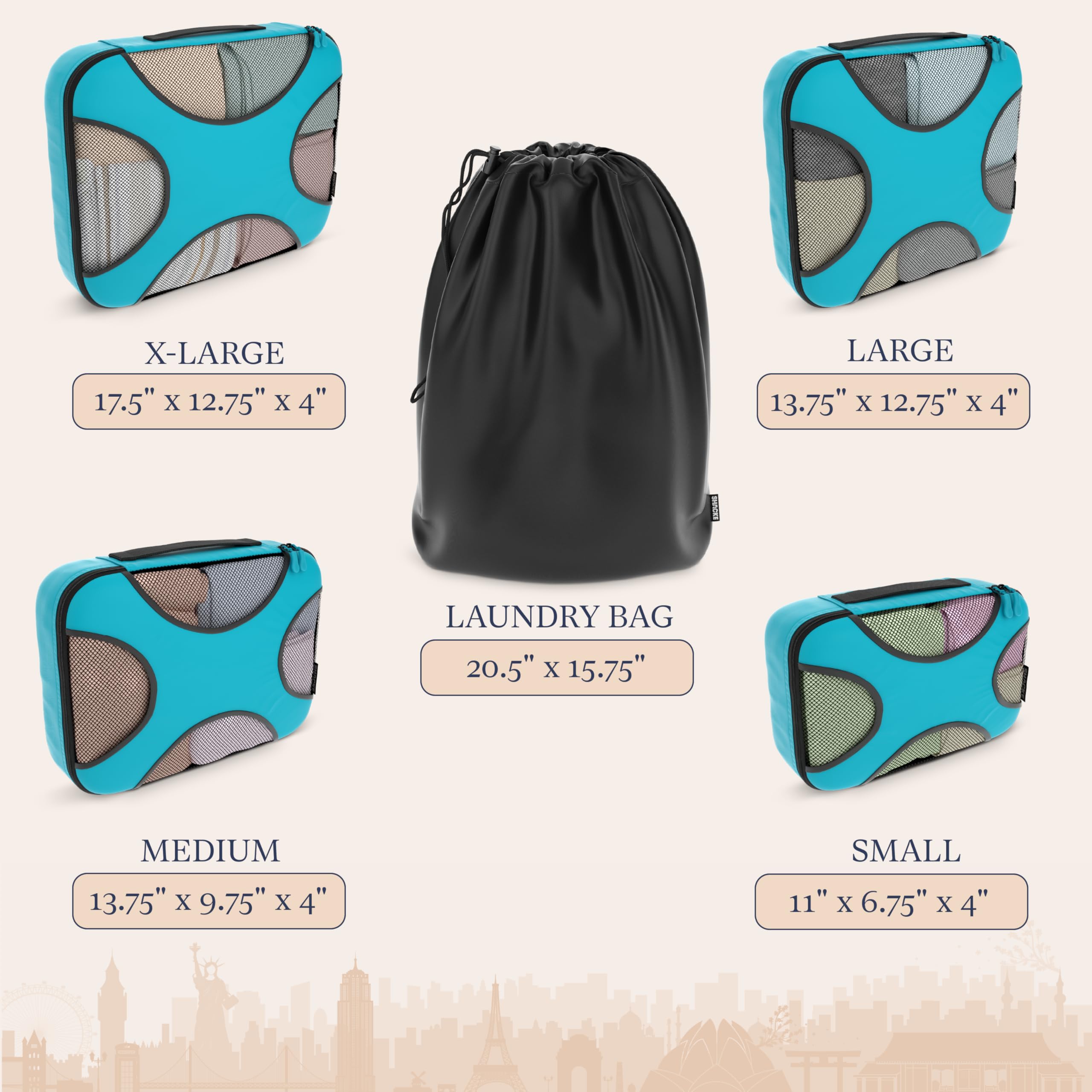 Shacke Premium 5 Packing Cubes Set - Lightweight Mesh Travel Luggage Organizers with Laundry Bag, 5-Piece Suitcase Storage System (Aqua Teal)
